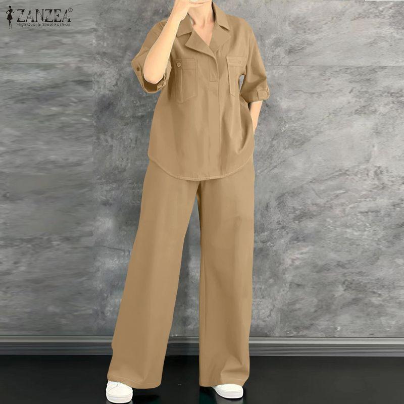 ZANZEA Women Half Sleeve Blouse and Pants Casual Two Piece Suit Sets