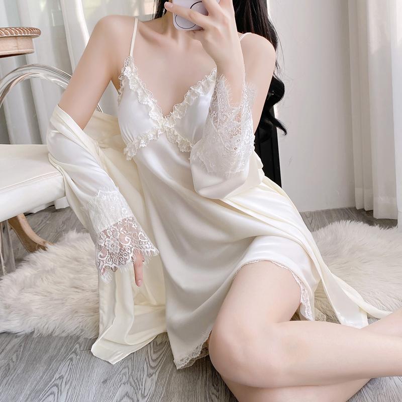 Ice and snow silk women's summer nightgown suspender spring and autumn nightgown simulation silk pajamas two-piece set live broadcast