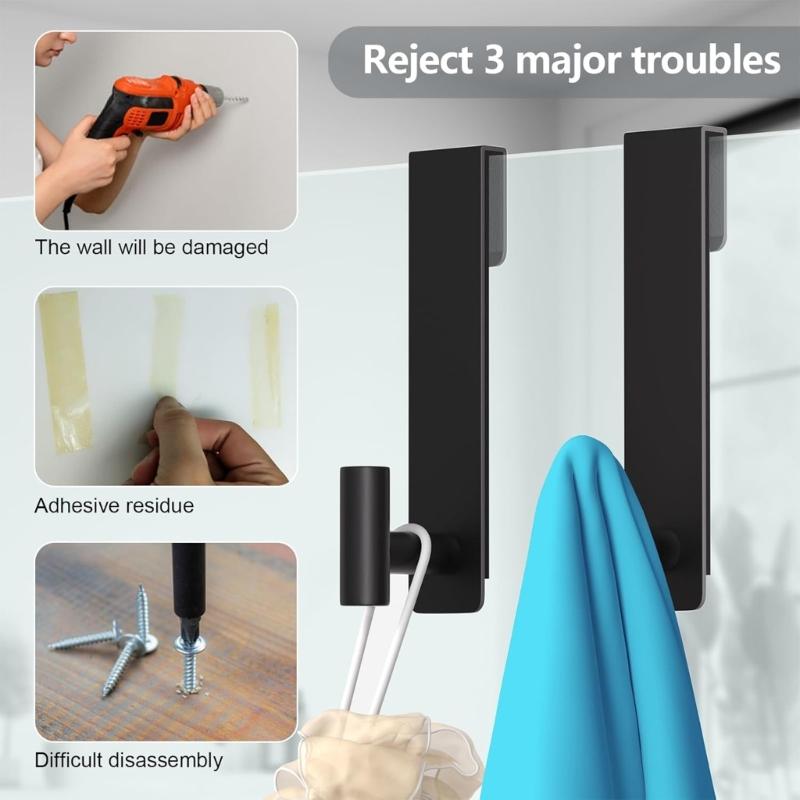 2Pcs Bathroom Hook For Towels And Robes Instants Installation On Glass Door Without Tool Need