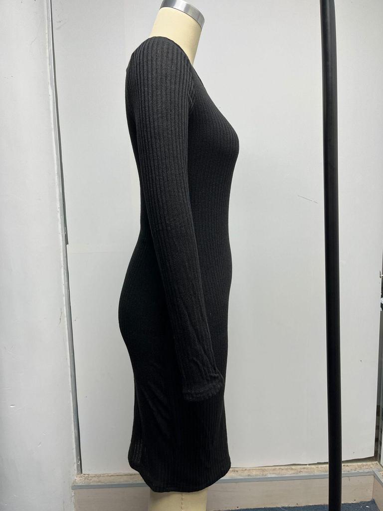 V-neck Knitted Sweater Dress - Long Sleeve, Slim Fit, Ruched Drawstring, Ribbed Design for Autumn/Winter
