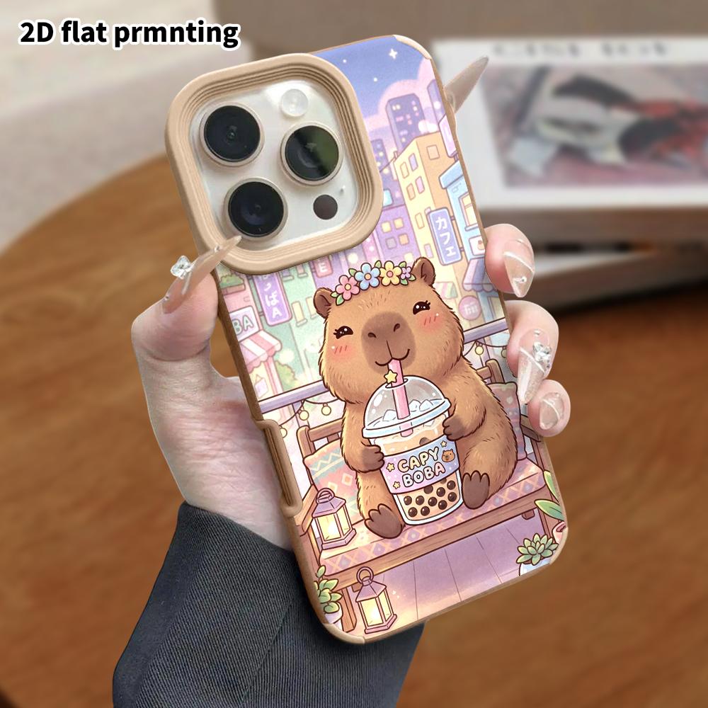 Phone Case: Lambskin 2D Flat Samsung Galaxy A34 A35 M05 M06 S20 S22 S21 FE Plus 5G Protective Case, Milk Tea Capybara, Christmas and Halloween Gift