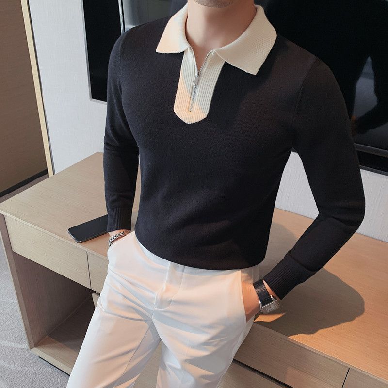 Trendmode Frühling Herbst Neue Pullover Herren Revers Halber Reißverschluss Kontrastfarbe Lässig Locker Langarm Überzieher Strickoberteile