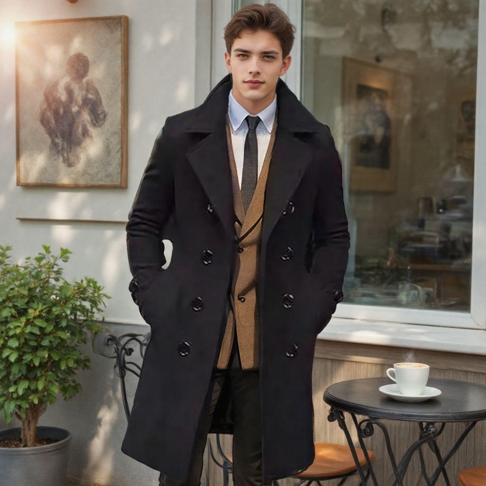 Men's European Double-Breasted Wool Coat - Long Style for Autumn/Winter