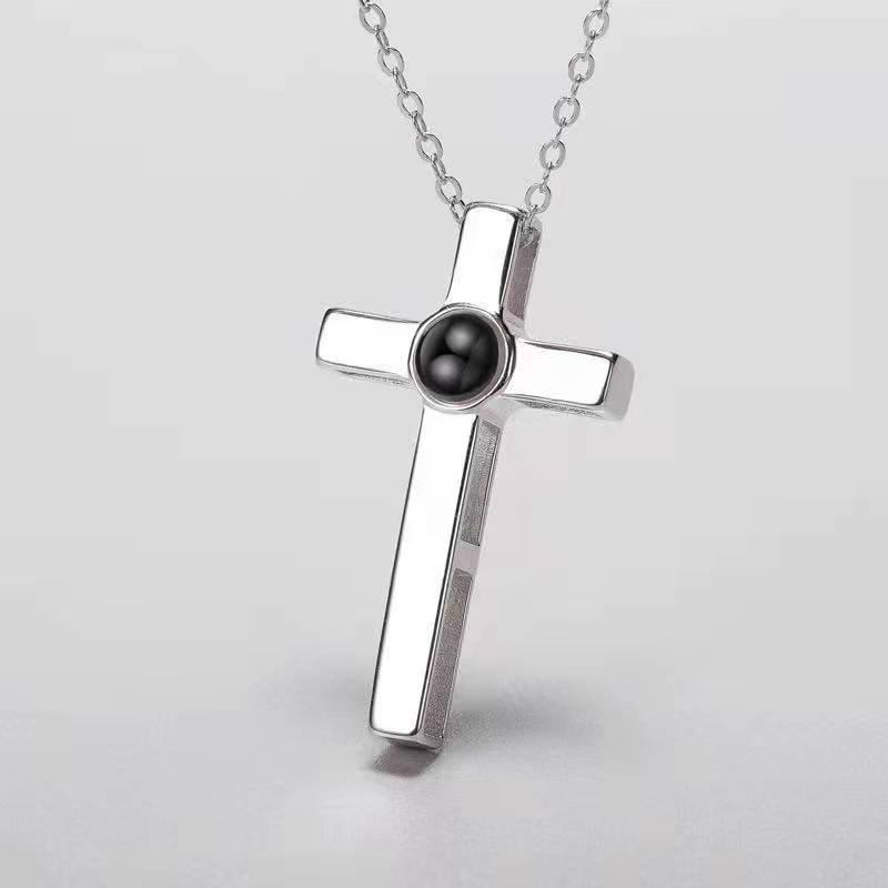 Titanium Steel Couple s Cross Necklace with Projection Pendant - Valentine s Day Gift for Boyfriend. серебряный