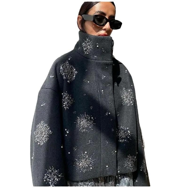 Abrigo Casual de Mujer Holgado con Bordados y Abalorios, Cuello de Solapa, Manga Murciélago, Chaqueta de Mezcla de Lana, Ropa Exterior de Primavera para Dama