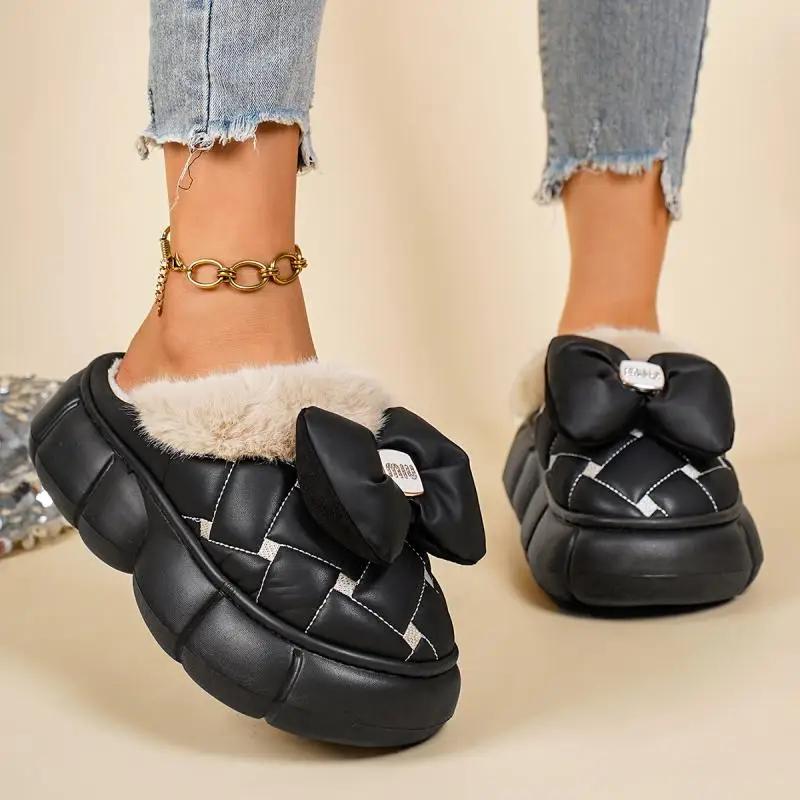 Fashion Casual Pu Thick Bottom Cotton Indoor Slippers Winter Sweet Bowknot Chunky Platform Short Plush Shoes Warm Faux Fur Slippers