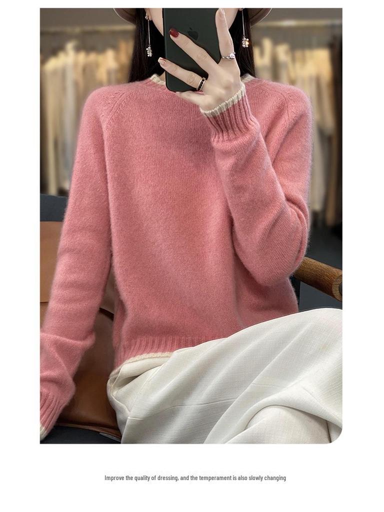 Damen Colorblock Rundhals Schlankmachender Wollstrick Pullover & Basisschicht