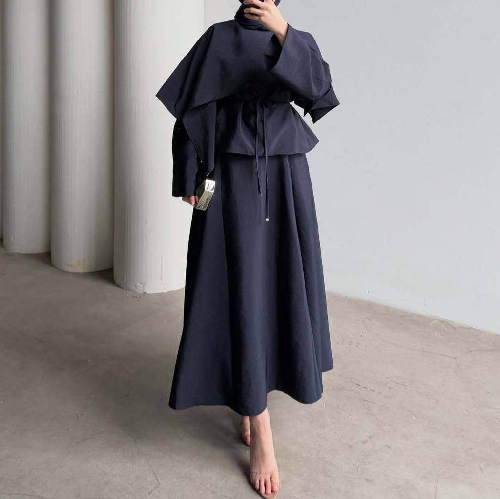 Cross-border European and American Women's Clothing  Summer New Round Neck Simple Cape Commuter Long-sleeved Straight One-step Skirt