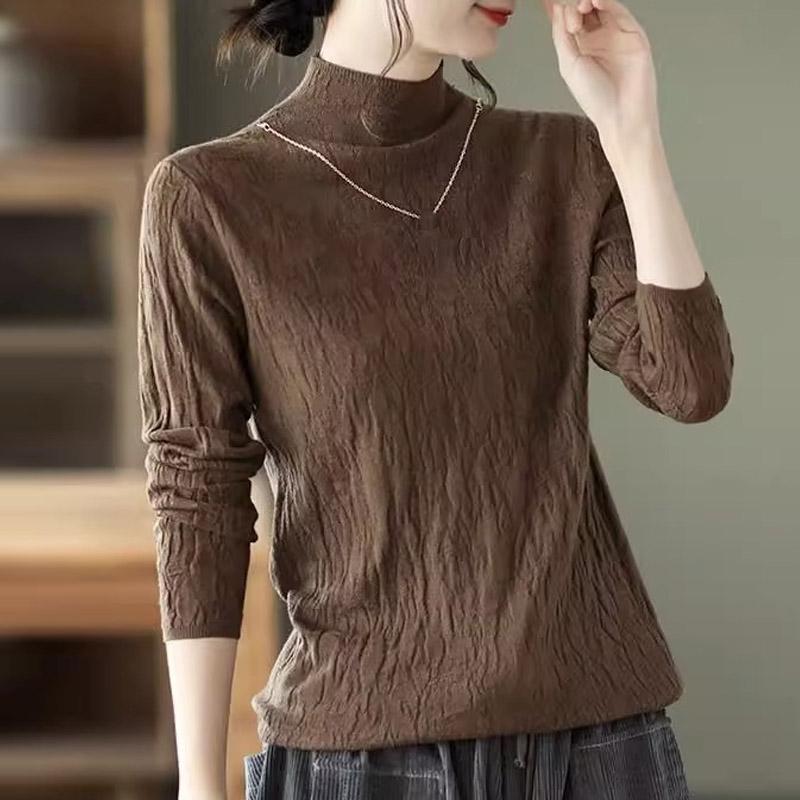 

Женские свитера, пуловеры 2025 Осень-Зима Длинный рукав Полувысокий воротник Черный вязаный свитер Женские топы Пуловер JJ72 One Size кофейный