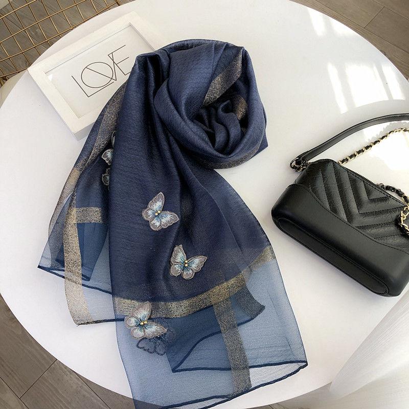 

Шарф-шаль с вышитой объемной бабочкой, тонкий и длинный шелковый шарф, женский шарф темно-синий