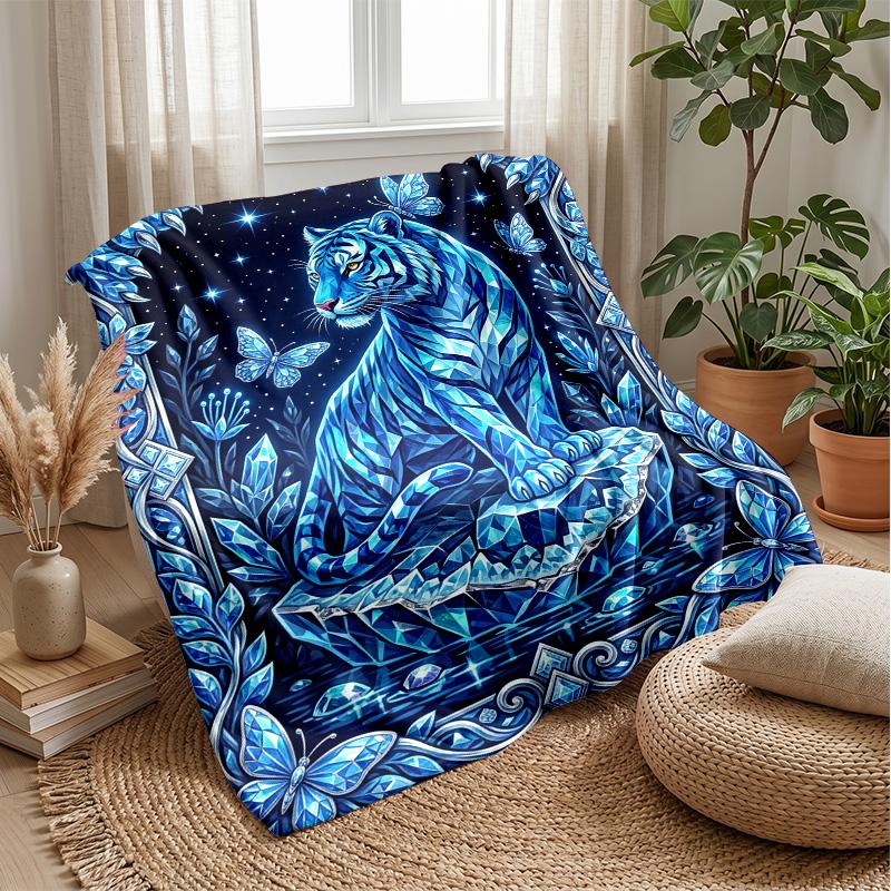 Blue Tiger Fantasy Blanket Personalized Name Flannel Blanket Soft Cozy Plush Throw for Sofa Bed Lightweight Home Decor