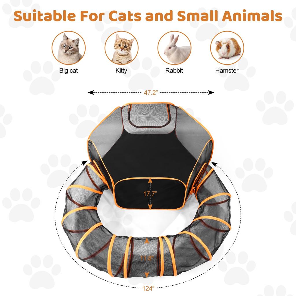 Odoland 120cm Pet Circle 315cm Tunnel Foldable Hexagonal Large Cat Tunnel Dog Play Circle Small Animal Playpen Tent Cage Delivery Room Game Fence