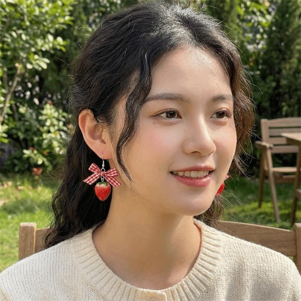 Green Leaves Simulated Fruit Earrings Dainty Flower Drop Earrings Strawberry Drop Earrings  Girls