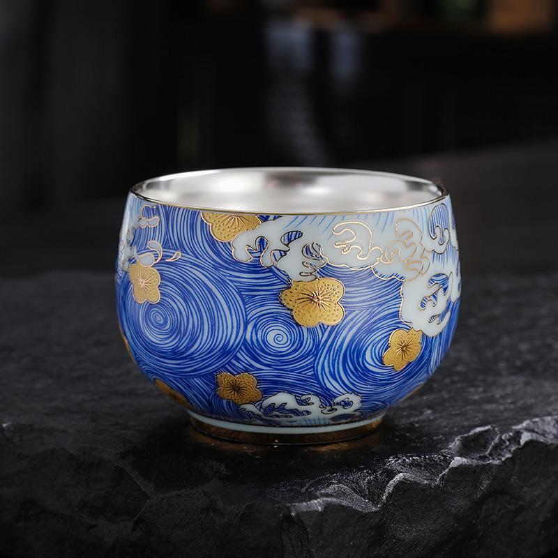 Sterling Silver & Ceramic Gilded Teacup - Kung Fu Style Master Tasting Cup Business Gift