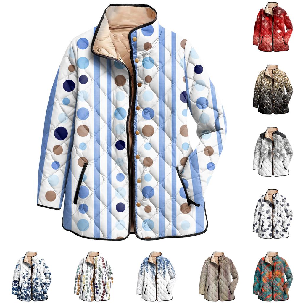 Women's Floral Print Stand Up Collar Pleated Cotton Long Sleeved Button Cotton Jacket