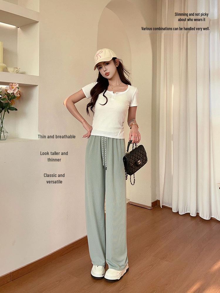 2025 Women's Rock Candy Wide Leg Ice Silk Pants: Summer Loose, Slimming, and Draping Straight-Leg Design