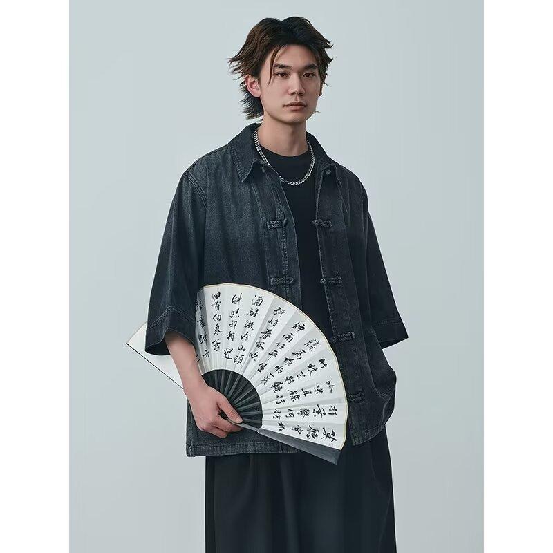 Jachetă de denim vintage în stil chinezesc nou de vară pentru bărbați și femei, top din denim spalat cu nasturi retro largi