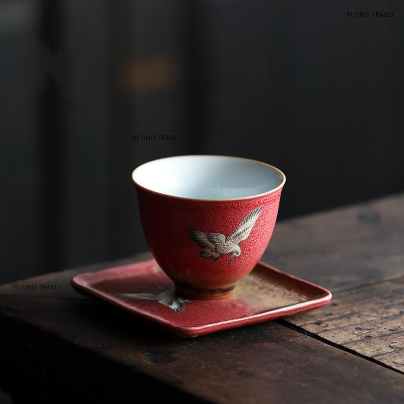 1 Pc Chinese Red Ceramic Tea Cup Coaster Handmade Flying Crane Teacup Mat Household Tea Bowl Master Cup Tea Set Accessories