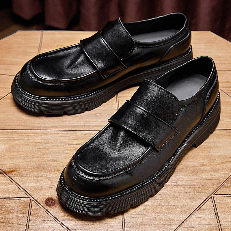 Premium Soft Cowhide Heightened Platform Loafers British Summer Casual Leather Shoes Genuine Leather One-Pedal Commuter Men'S Shoes
