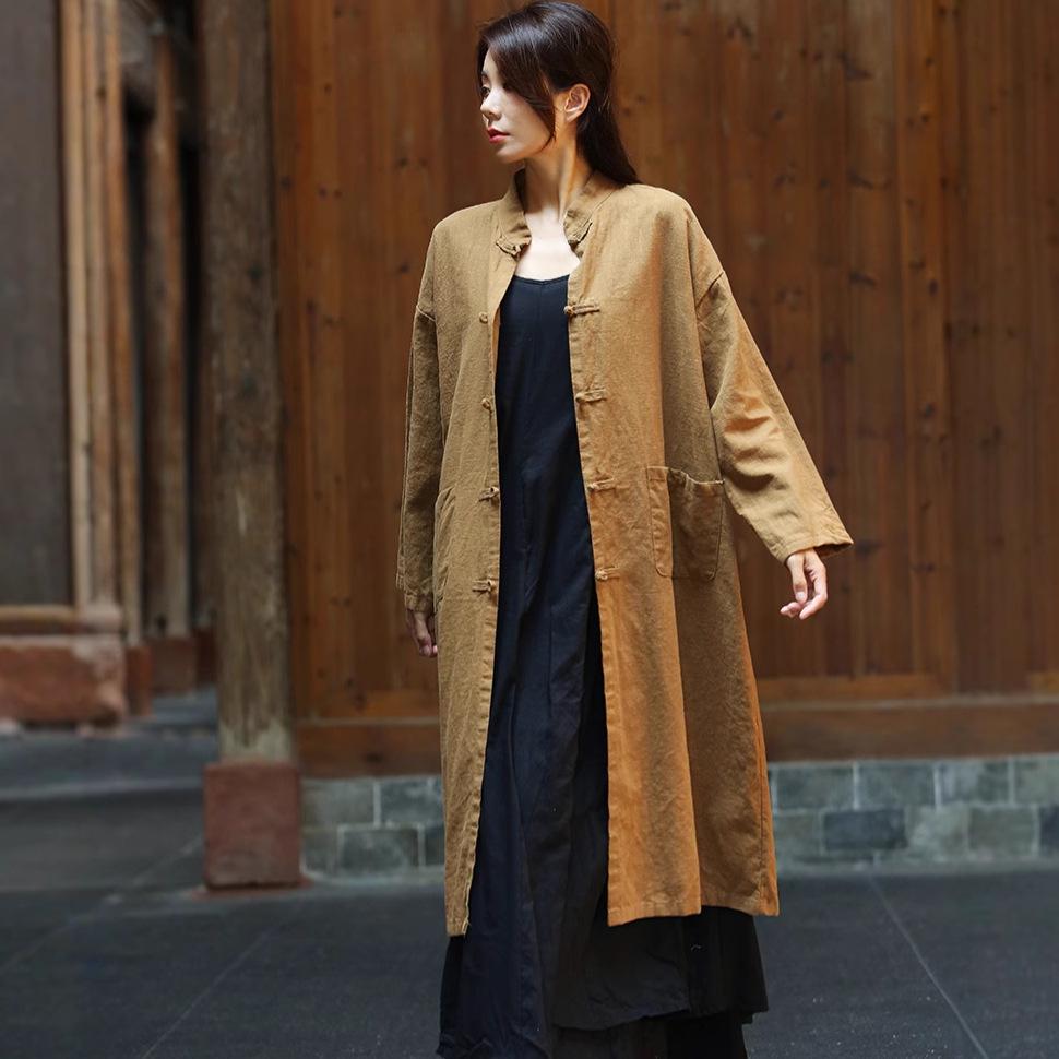 Cardigan de damă din amestec de bumbac și in de lungime medie - Retro spălat cu nisip