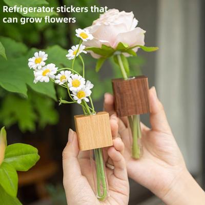 Yousheng Wooden Test Tube Vase Refrigerator Magnet Hydroponic Plants Propagation Vase Planter Home Office Kitchen Locker Fridge Decoration