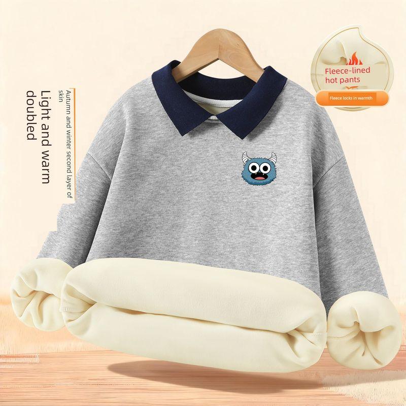 Girls' Sweatshirt Autumn and Winter Style A-Class Children's Autumn Clothing Fleece-Lined Thickened Warm Long-Sleeve T-Shirt Girls' Collared Top