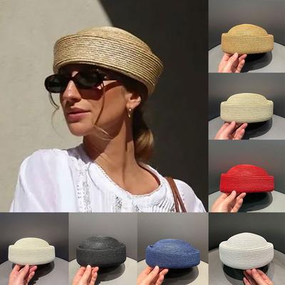New Summer Handemad Straw Pillbox Hat Fedoras Women's Sun Hat Circle Concave Top Colorful Beret Hat Church Derby Party Beach Hat