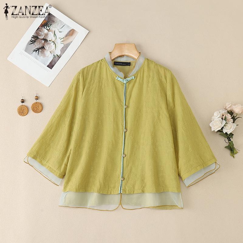 ZANZEA Vintage Damen Kurzarm Knopfleiste Patchwork Ethnische Stickerei Lässige Bluse