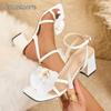 Sandalias De Mujer Women's Fashion Sandals White Ankle Strap Square Toe Flower Shoes Heels for Ladies Size35-43 Zapatos De Mujer