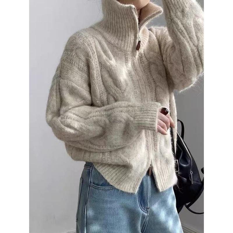 Autumn/Winter Twist Double Zipper Cardigan Sweater Women Fashion Elegant Turtleneck Loose Retro Knitted Jackets New Casual Solid Office Clothing