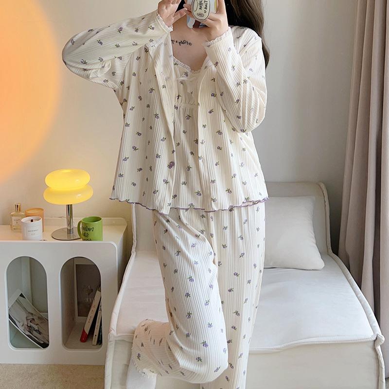 Women's Four-Piece Pajama Set: Cotton Suspenders, Long Sleeve Top, Trousers & Shorts for Spring & Autumn Relaxation