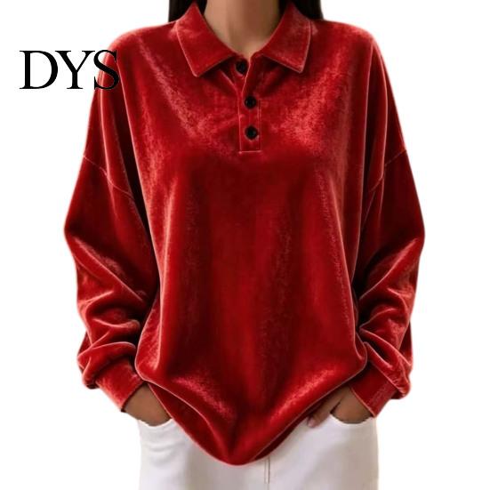 Lady Pullover Shirt Women Velvet Shirt, 3-Button Collared Casual Blouse, Solid Color Loose Long Sleeve Top for Daily Wear Work