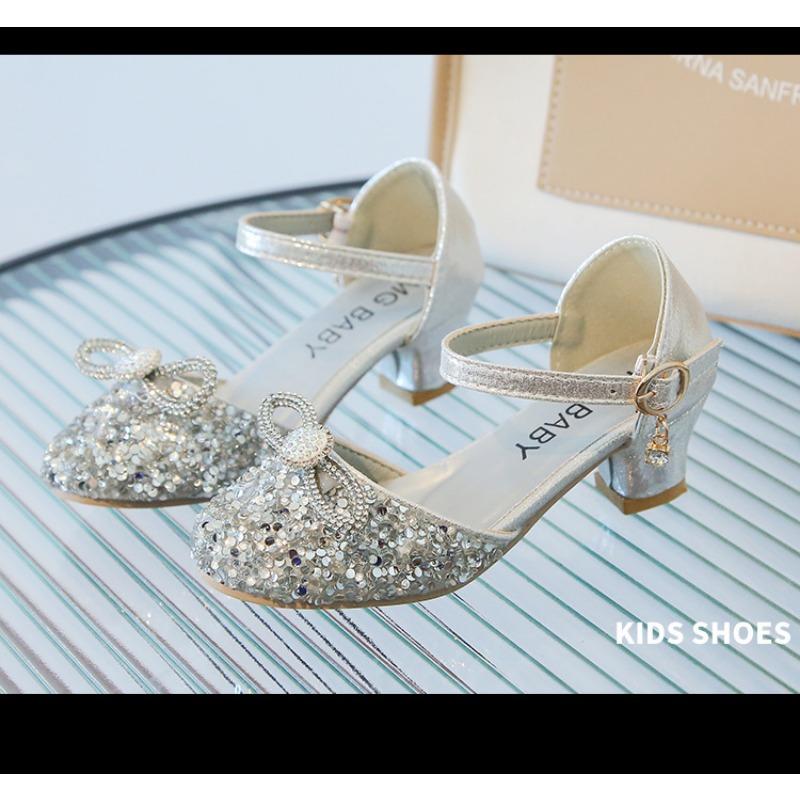 Girls Korean Style Princess Crystal Closed Toe High Heel Dance Sandals