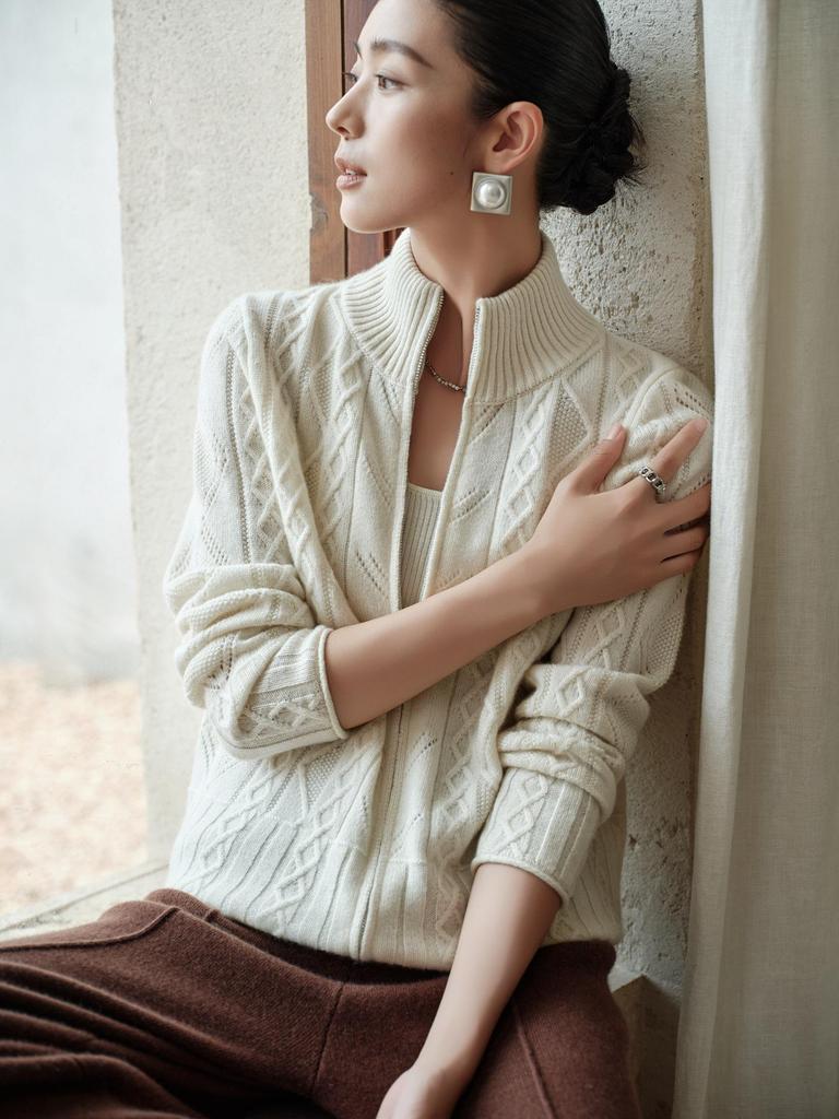 Women's 100% Cashmere Cable-Knit Cardigan Coat – Long Sleeve, Half High Neck, Zip Closure, Loose Fit