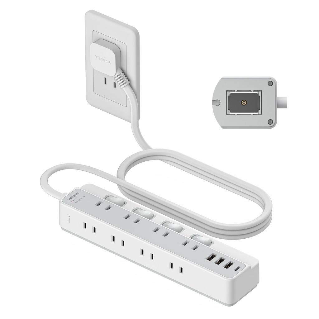 TESSAN 2m Magnetic Power Strip Extension Cord with Slim Plug, Octopus-Leg Outlets, and USB Included. 8 AC Outlets, 1 Type-C and 3 Type-A Ports, Perfec