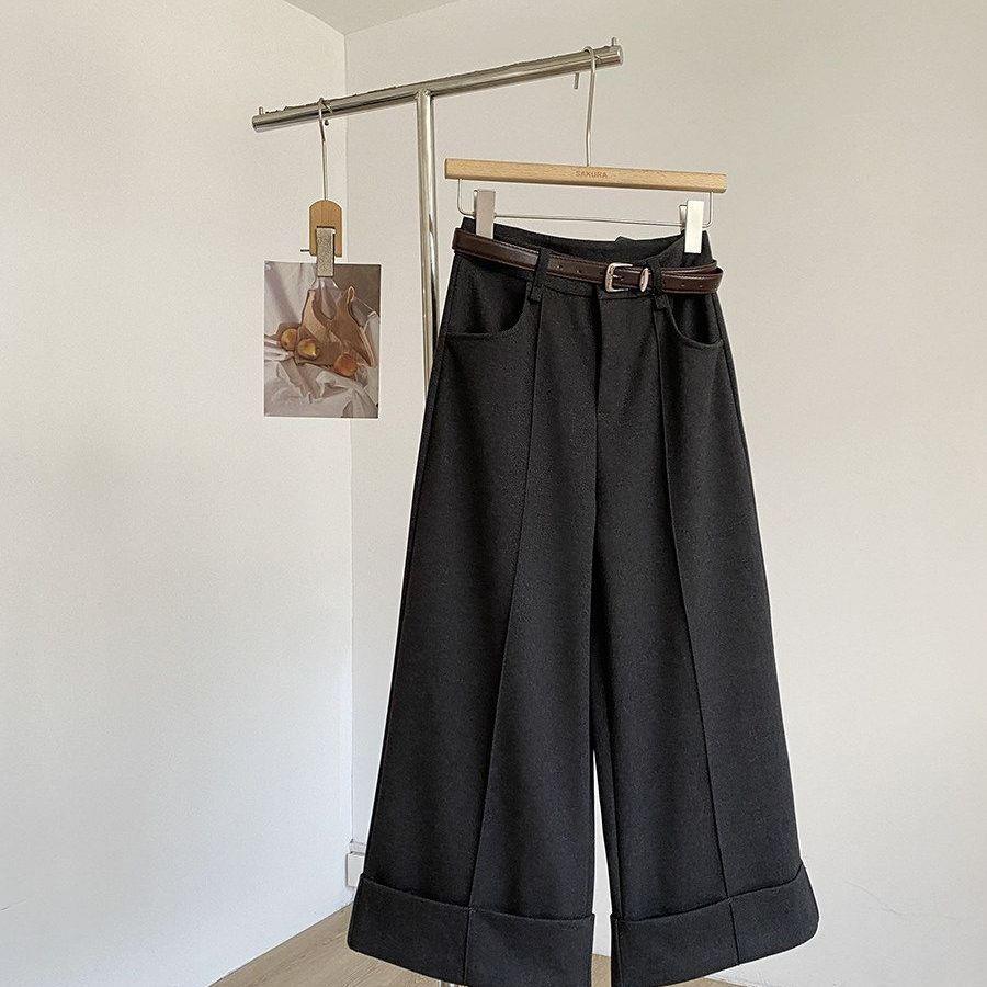 Korean Style High Waist Cropped Tweed Wide-Leg Women’s Trousers – Slimming, Straight, Eight-Tenth Length S