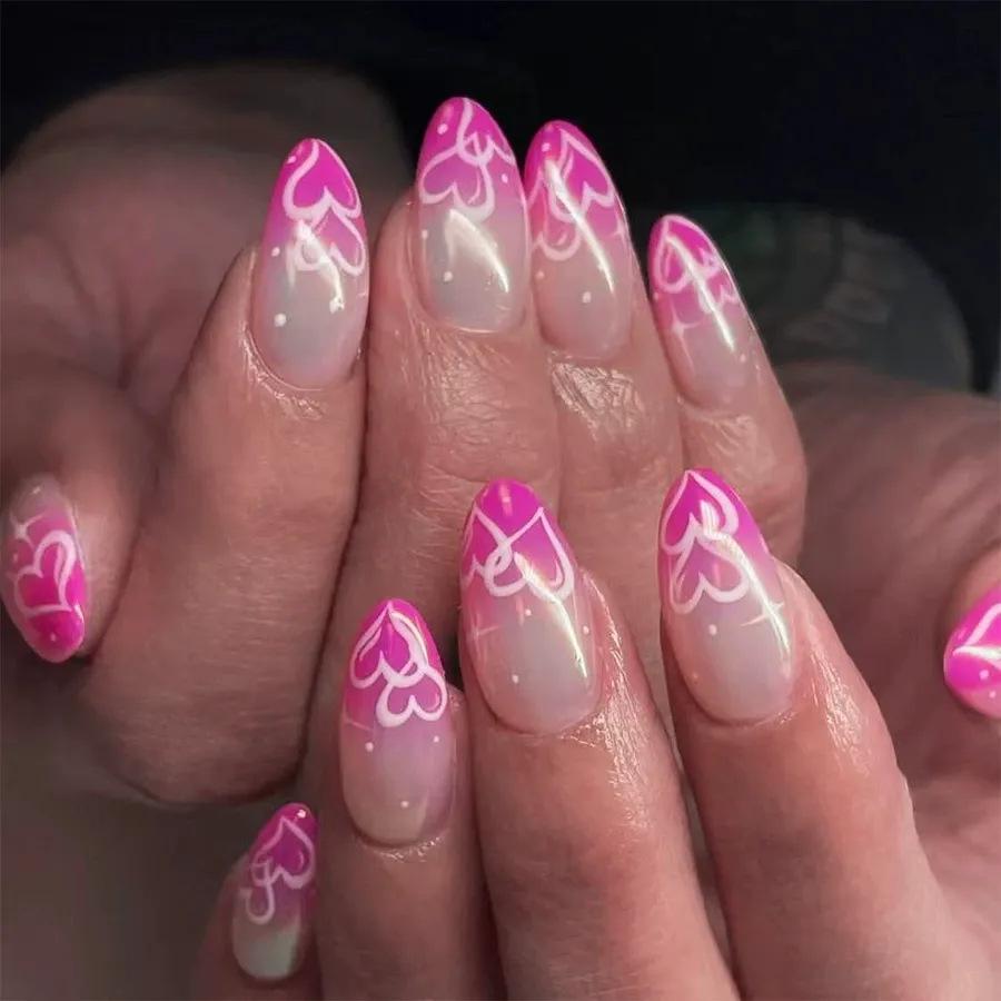 24 Pieces Of European And American Manicures, Nail Pieces Valentine S Day Love Pink Classic French Almond Nail, Wearing Nail Jelly glue + rubbing strips*3pcs