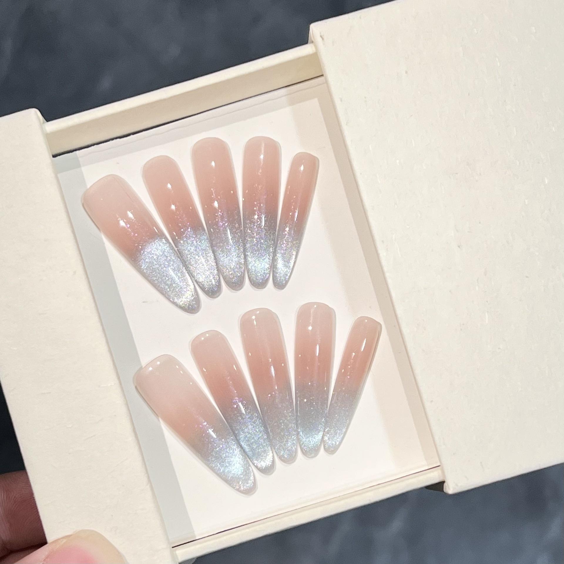 

Teardrop Cat Eye Ice Pink-Blue Gradient Flash Long Wearable Nails Medium