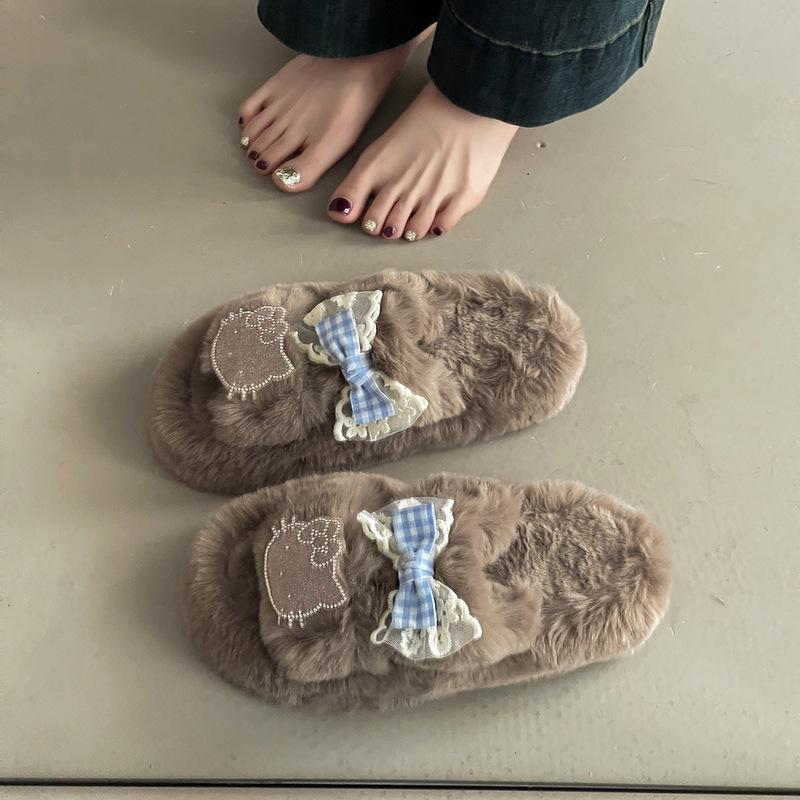 Furry casual furry shoes women's autumn and winter new wear cute cartoon thick sole heightening non-slip furry slippers tide