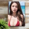 HD Metal Tin Sign Stunning Asian Lady In Red Triangle Bikini Posing At Beach Vintage Wall Art Decor for Home Bar Man Cave Retro