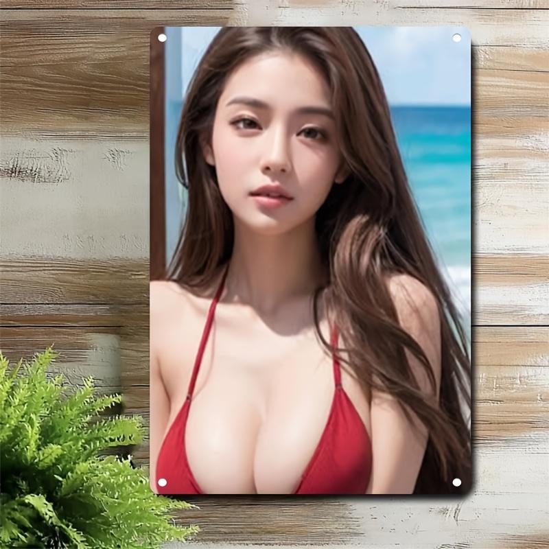 

Gorgeous Asian Busty Beauty in Red String Bikini Posing by Tropical Blue Sea Metal Tin Sign Vintage Iron Painting Wall Art Deco 20x30cm（7.8x11.8inch）