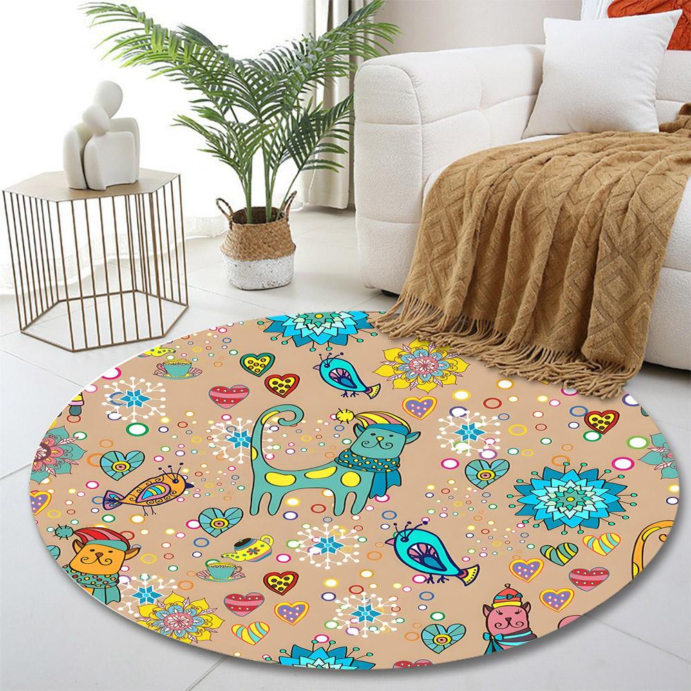 Colorful Cartoon Cats and Flowers Design Print round rug, living room, bedroom, playroom carpet, non slip floor mat, gift