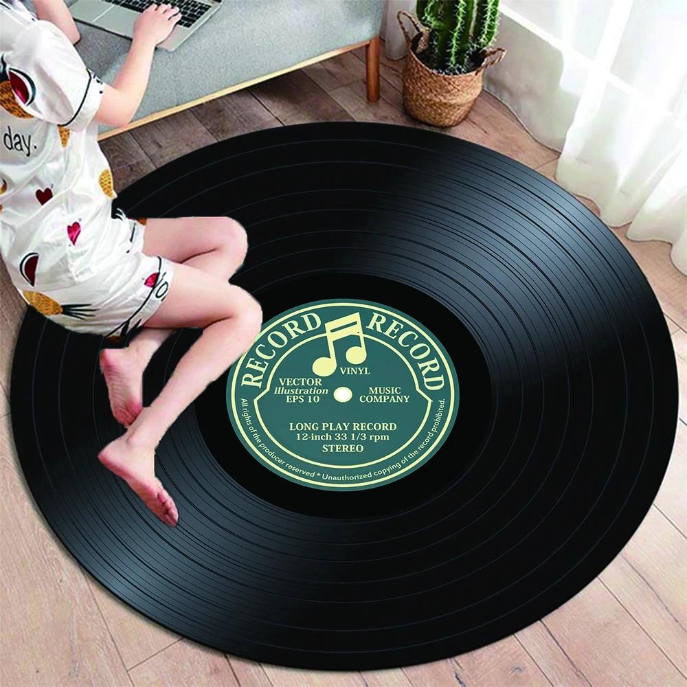 Runder Teppich mit klassischer Musik-Schallplatte, Teppiche für die Dekoration von Wohnzimmerstühlen, weiche, rutschfeste Bodenmatte zum Spielen für Kinder