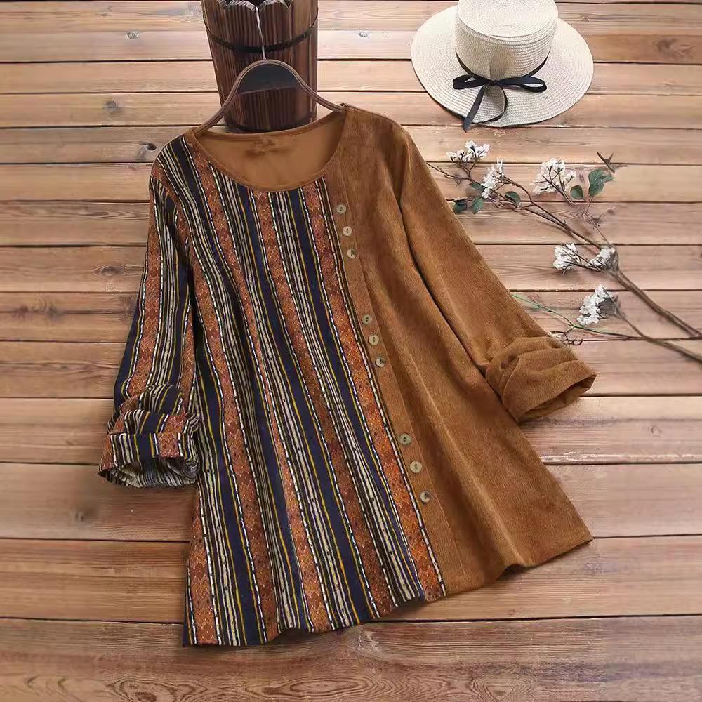 

Женские топы больших размеров, винтажный, с круглым вырезом, свободный, темпераментный, с длинным рукавом XXXL темно-коричневого