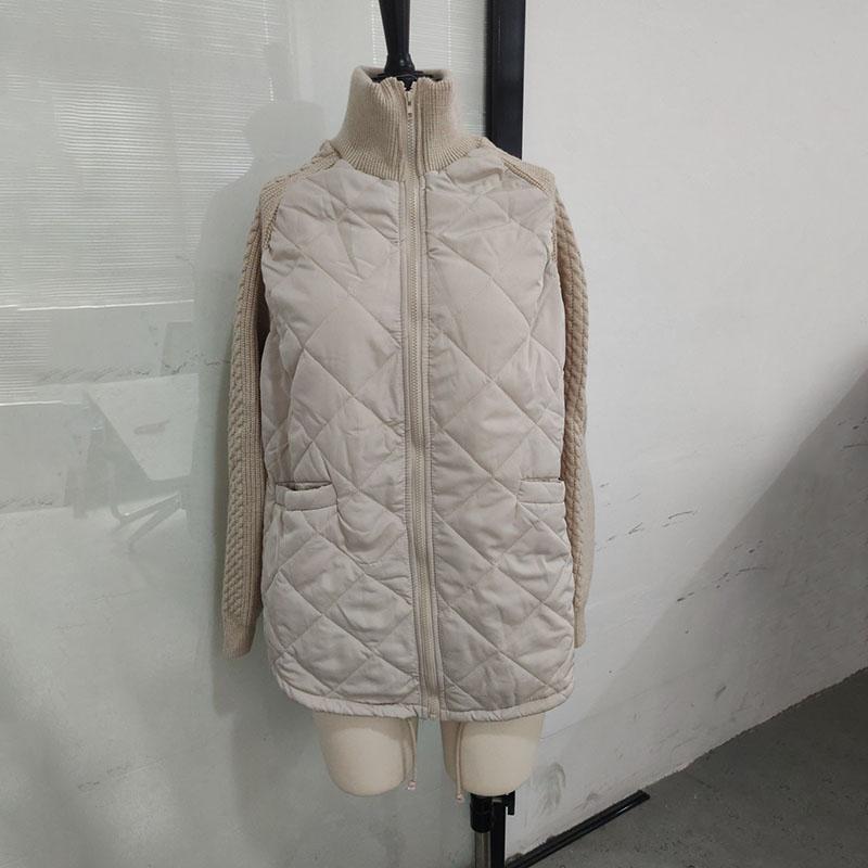 Women's OverSize Loose Cotton Parka Quilting Design Spliced Knitted Long Sleeve Zipper Stand Up Collar Thin Coat Drawstring Hem Overwear Autumn Winter