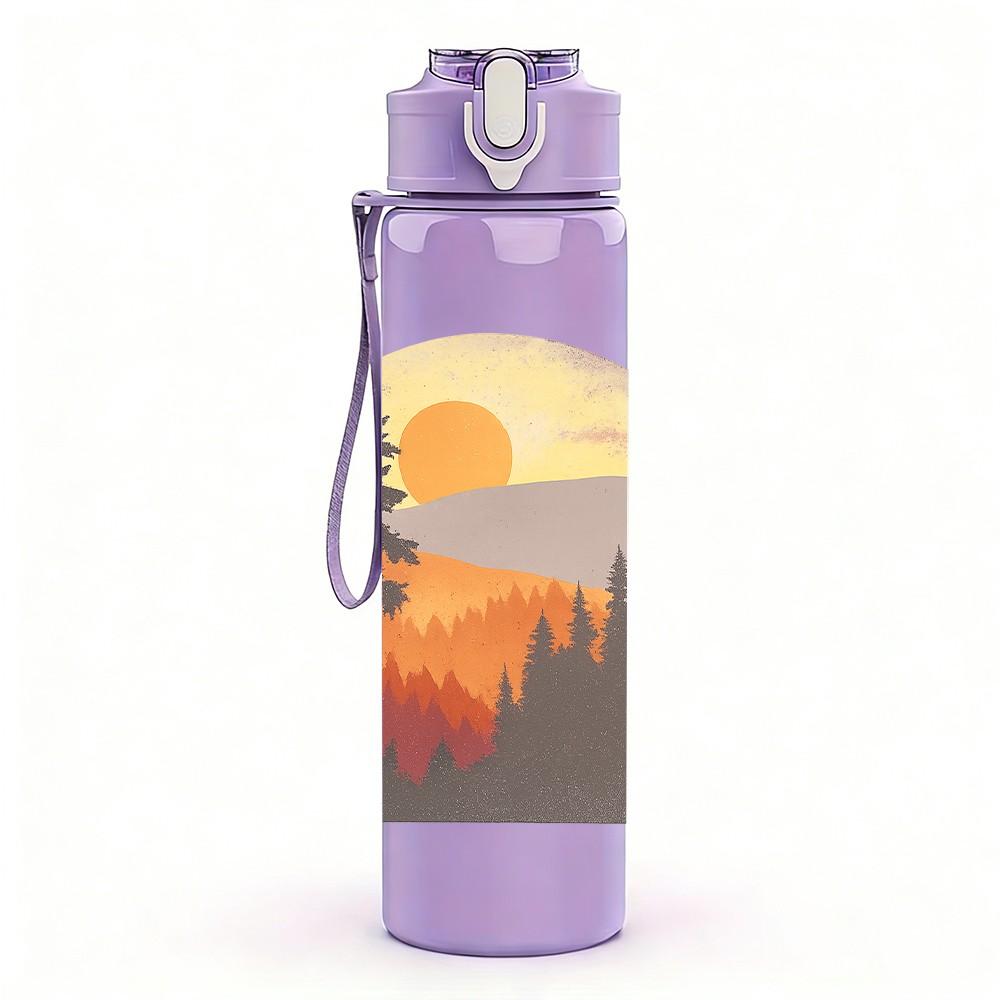 1PC Mountain Sunset Landscape Print 750ml Color Plastic Sports Water Bottle Leakproof Flip Straw Lid Suitable for Sports Office Home Use