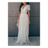 Summer New European American Style Women's Dress V-neck Short Sleeve Hollow Out Sexy Lace Trim Long Maxi Dress