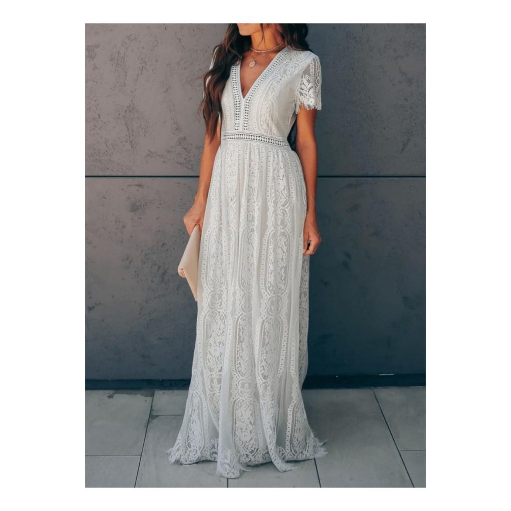 Summer New European American Style Women's Dress V-neck Short Sleeve Hollow Out Sexy Lace Trim Long Maxi Dress