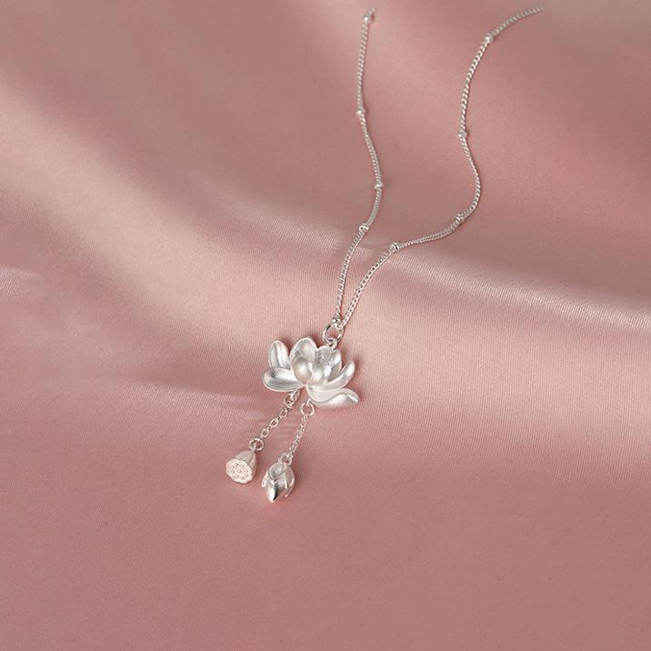 

Lotus Tassel Necklace For Women Elegant Lotus And Seedpod Pendant Minimalist Luxury Small Batch Necklace
