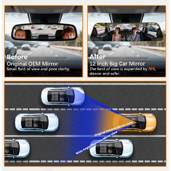 Rear View Mirror, 12 Inch Chrome Anti-Glare Panoramic Rear Mirrors Universal Convex Car Interior Clip On Extra Big Wide Angle Rearview Mirror